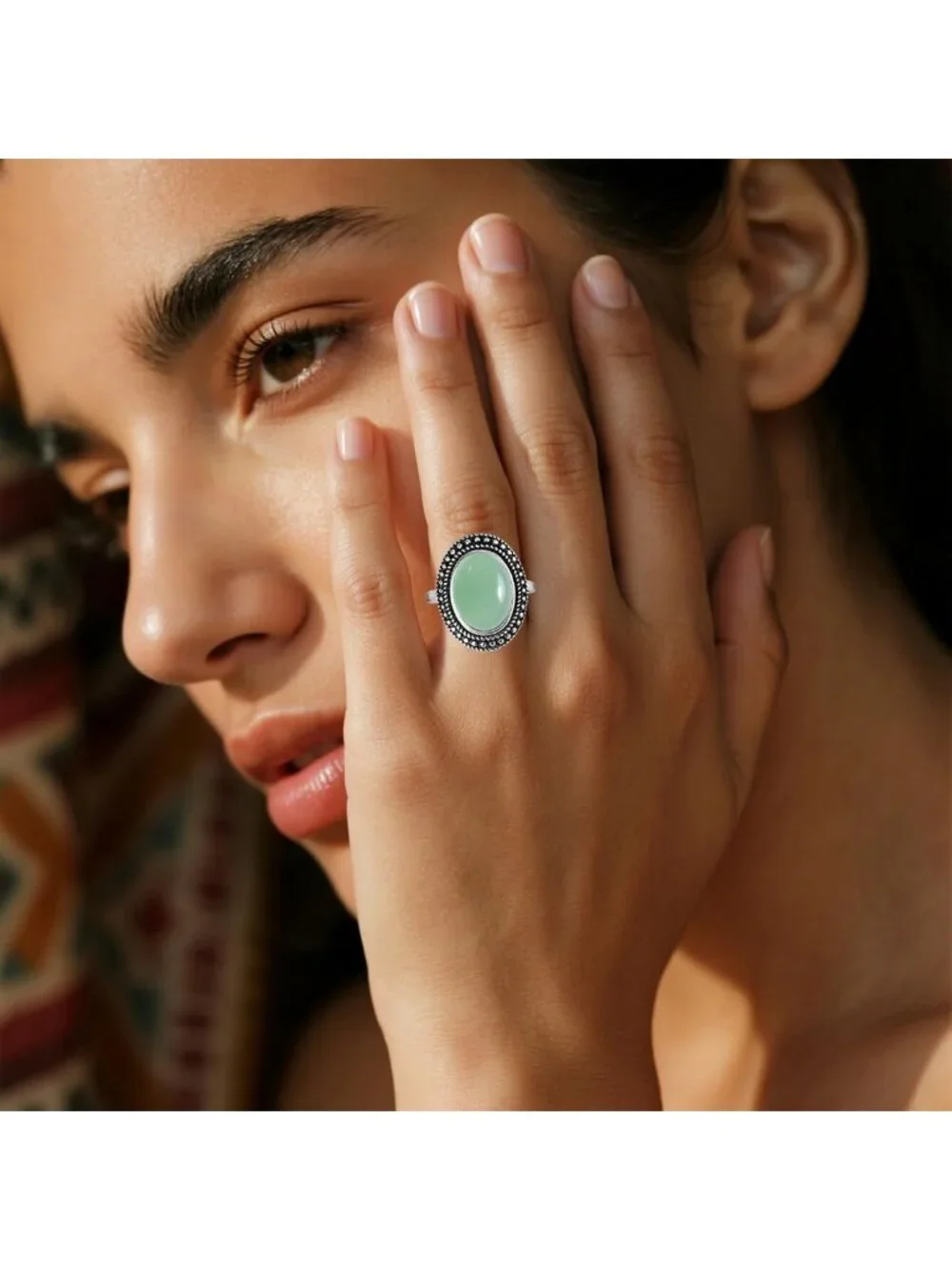 Boho Natural Oval Stone Ring, Antique S925 Silver Crystal Quartz Gemstone